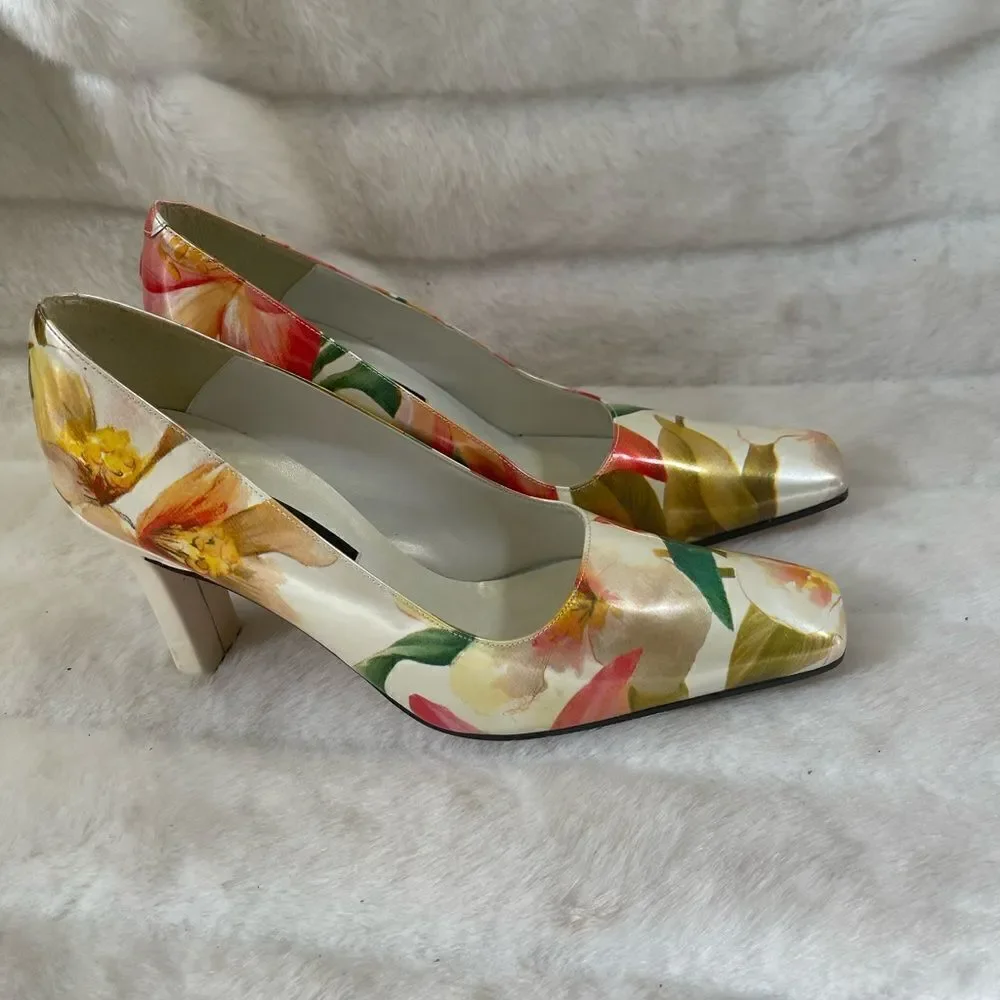 Paul Mèlian patent multi color marble prints slip on pumps square toe si…